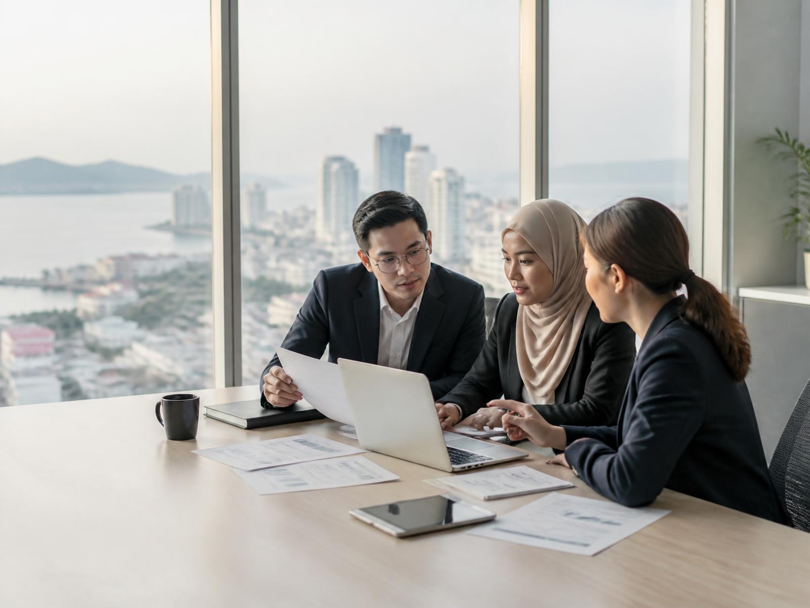 Malaysian corporate services professionals reviewing business documents in a Penang office