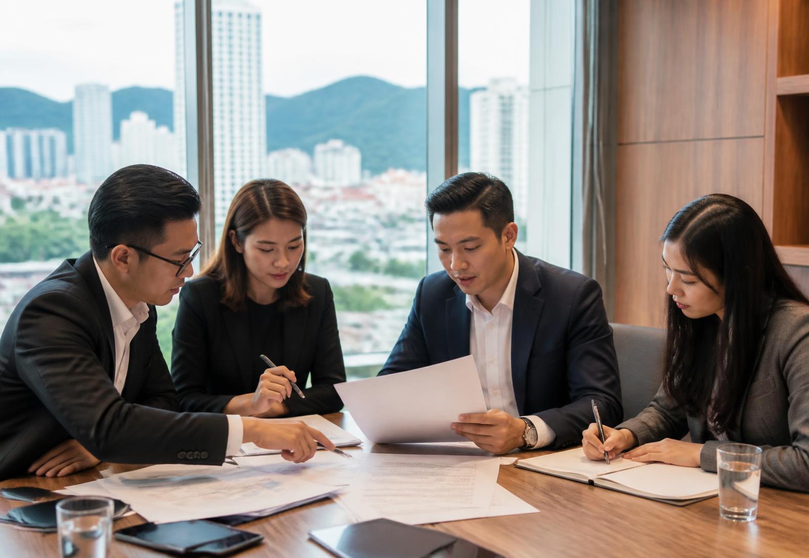 Malaysian professionals reviewing statutory company documents in a Penang office
